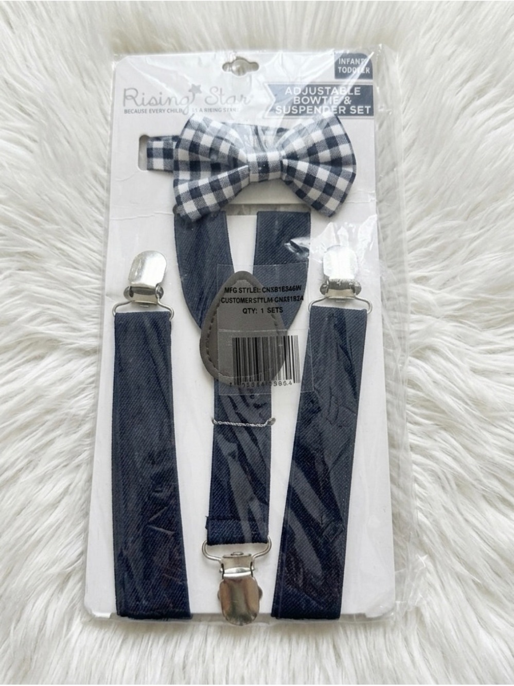NWT Rising Star Infant/Toddler Navy Suspenders & Gingham Bow Tie Set